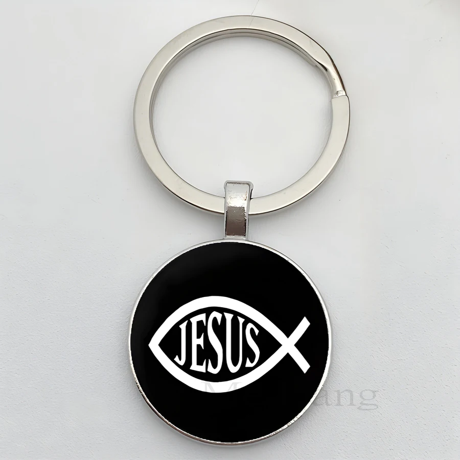 I Love Jesus Logo Fashion Keychain Jesus Pattern Glass Cabochon Car Key Chain Religious Jewelry Prayer Gift