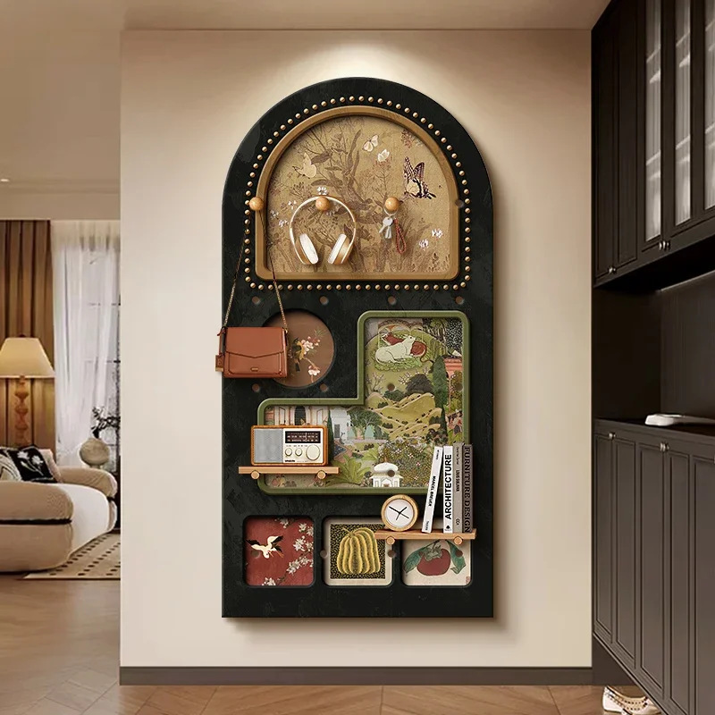 medieval style cave board, decorative entrance entrance rack, painting retro light luxury key storage rack
