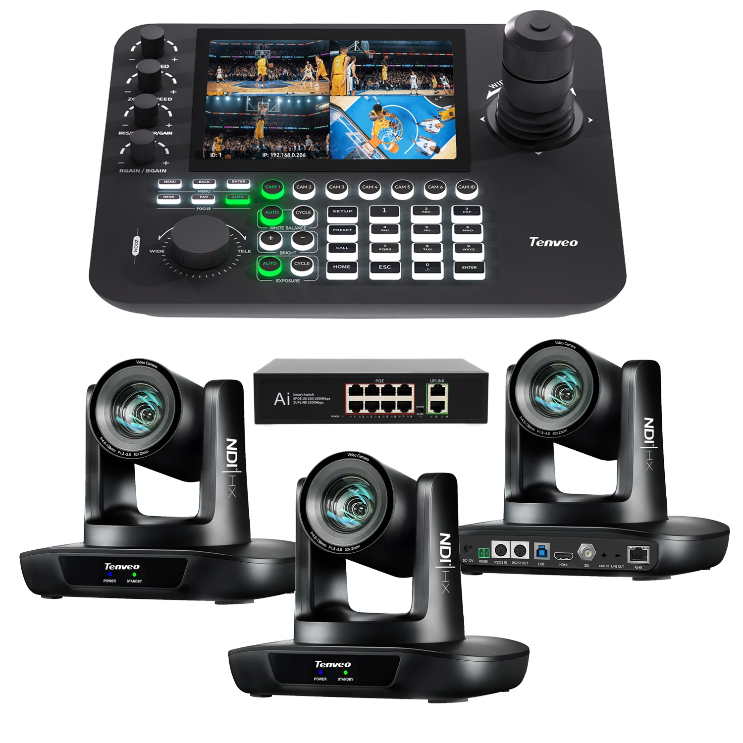 

3Pcs UHD630A-NDI 1080P 60fps NDI PTZ Conference Camera AI Auto Tracking Camera 30x Zoom+KB300PRO PTZ Camera Keyboard Controller