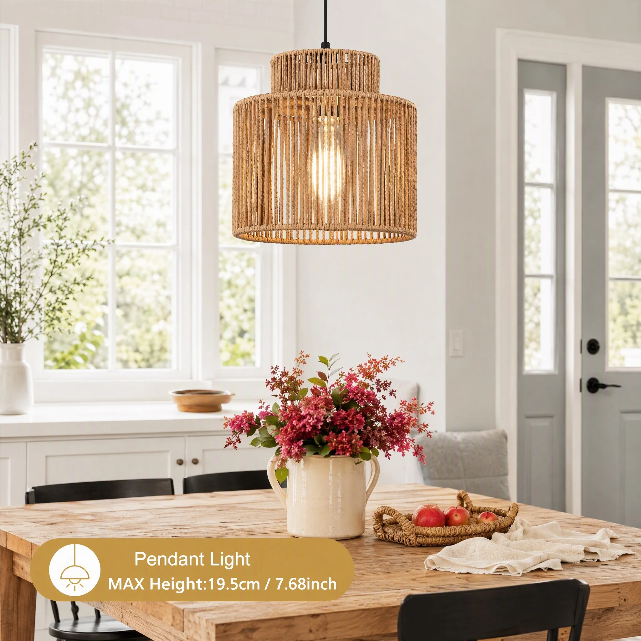 JOYINLED Rattan Pendant Light Shade, Boho Woven Wicker Hanging Lamp Cover Natural Paper Rope Material Tiered Double-layer Design