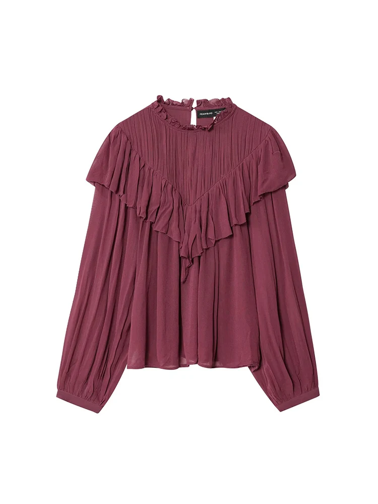 

European and American style autumn new women's loose casual temperament solid color long sleeve simple ruffled decorative shirt