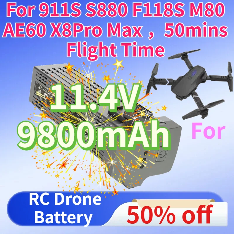 

RC Drone Battery 11.4V 9.8Ah Replacement Smart Lithium Battery Parts for 911S S880 F118S M80 AE60 X8Pro Max ，50mins Flight Time