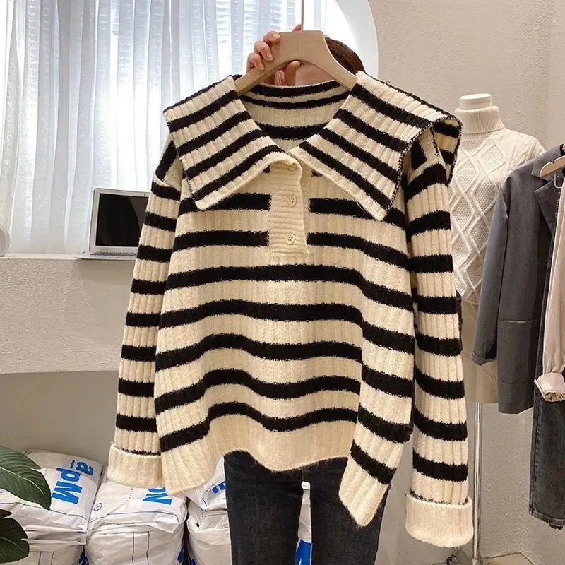 Sailor Collar Striped Knitted Sweater Women's New Loose Versatile Pullover Spring Autumn Korean Version Long Sleeve Top