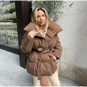 Women Solid Fashion Lapel Tie-up Cotton Coat Long Sleeved Waist Cinched Warm Loose Jacket Lady Casual Commute Winter Outwear 5 Women Solid Fashion Lapel Tie-up Cotton Coat Long Sleeved Waist Cinched Warm Loose Jacket Lady Casual Commute Winter Outwear 5