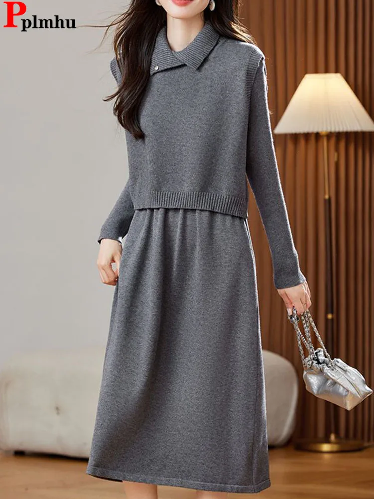 

Fall Winter Knitted 2 Piece Sets Women Lapel Neck Sleeveless Knitwears Vest Tops Conjuntos Korean Fashion Long Dress Outfit New