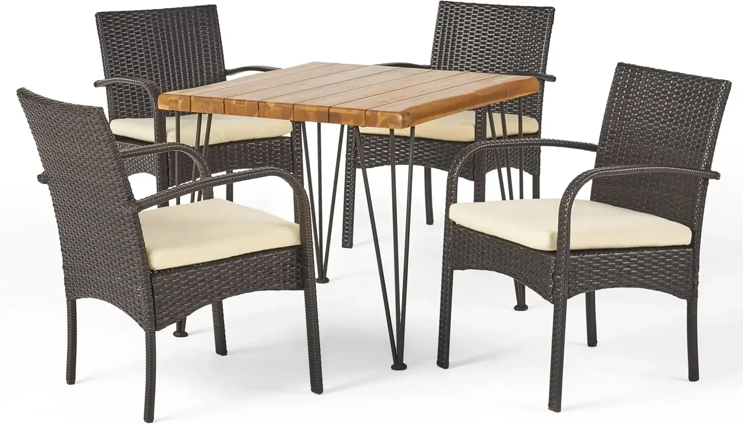 Clayton Outdoor Industrial Acacia Wood and Wicker and Iron 5 Piece Dining Set with Square Table,