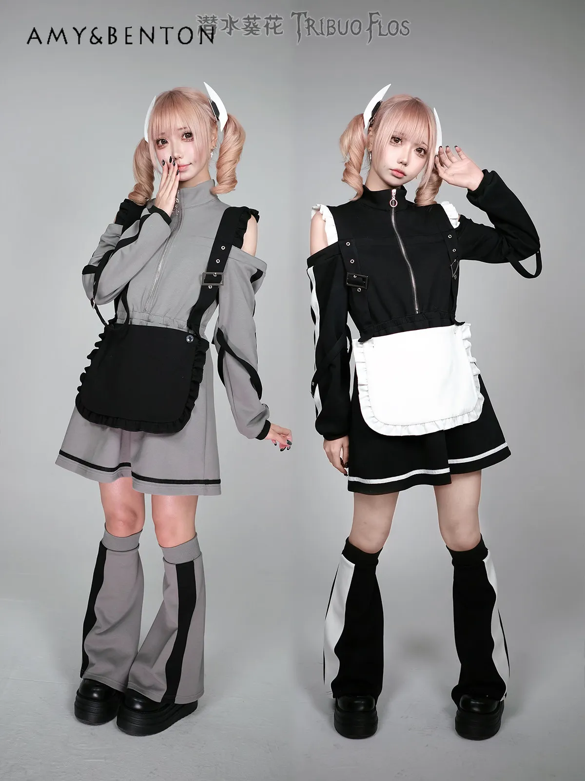 

Japanese Gothic Sports Maid Dress Leg Warmers Subculture Anime Functional Style Color Block Off-Shoulder Long Sleeve Mini Dress