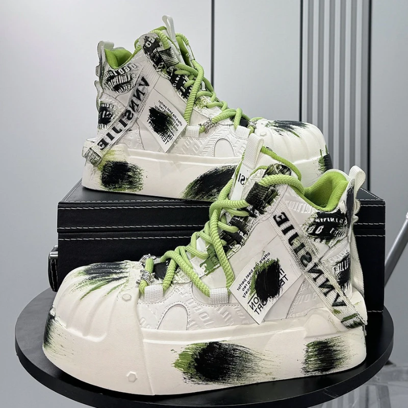 High-top Thick-soled Shoes for Men Fashion Round Toe Lace-up Ankle Boots Trend Street Style Men Platform Sneakers