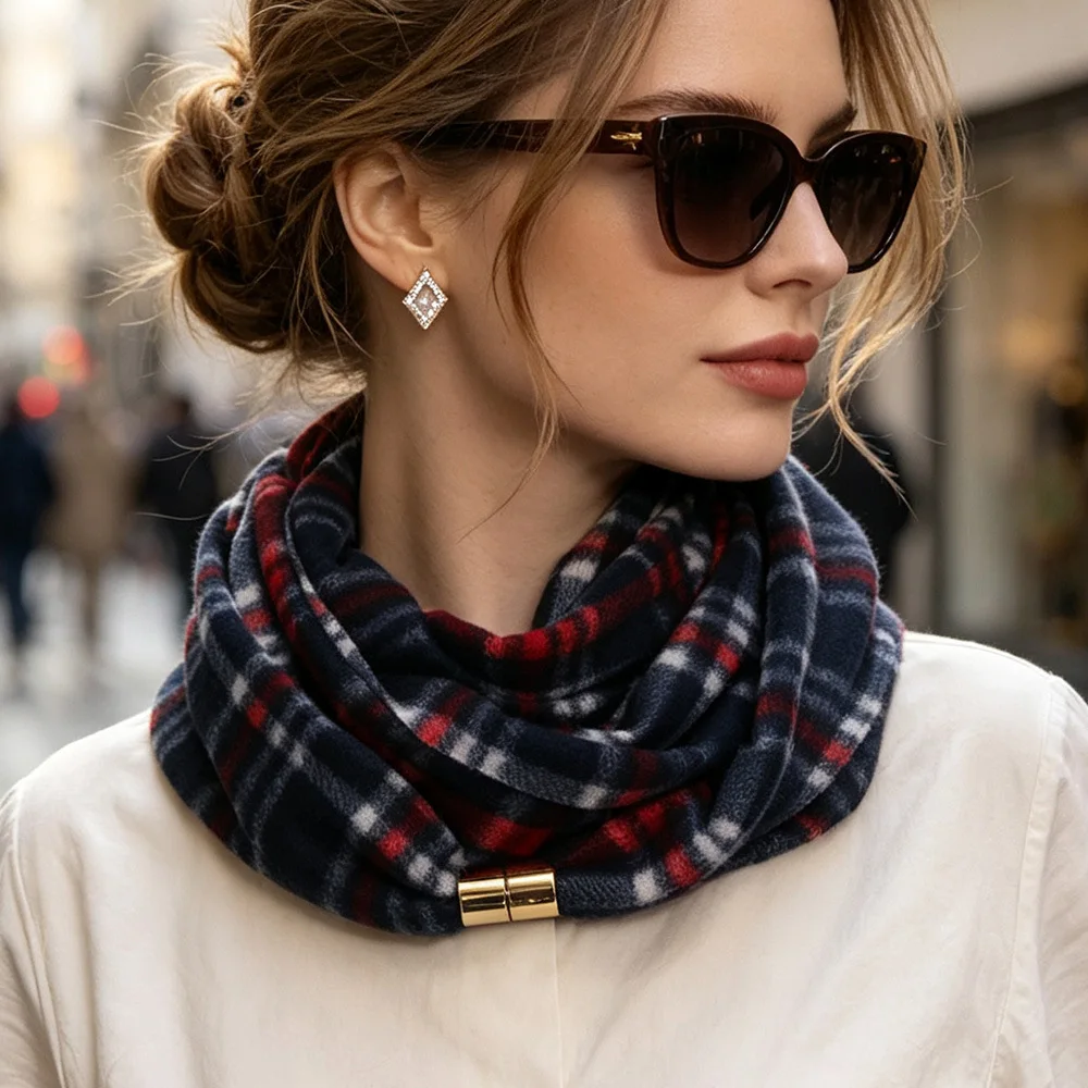 1-5PCS Ladies Checkered Magnetic Closure Neck Scarf Plaid Tie Thermal Protective Decorative Collar for Fall Winter Camping Work