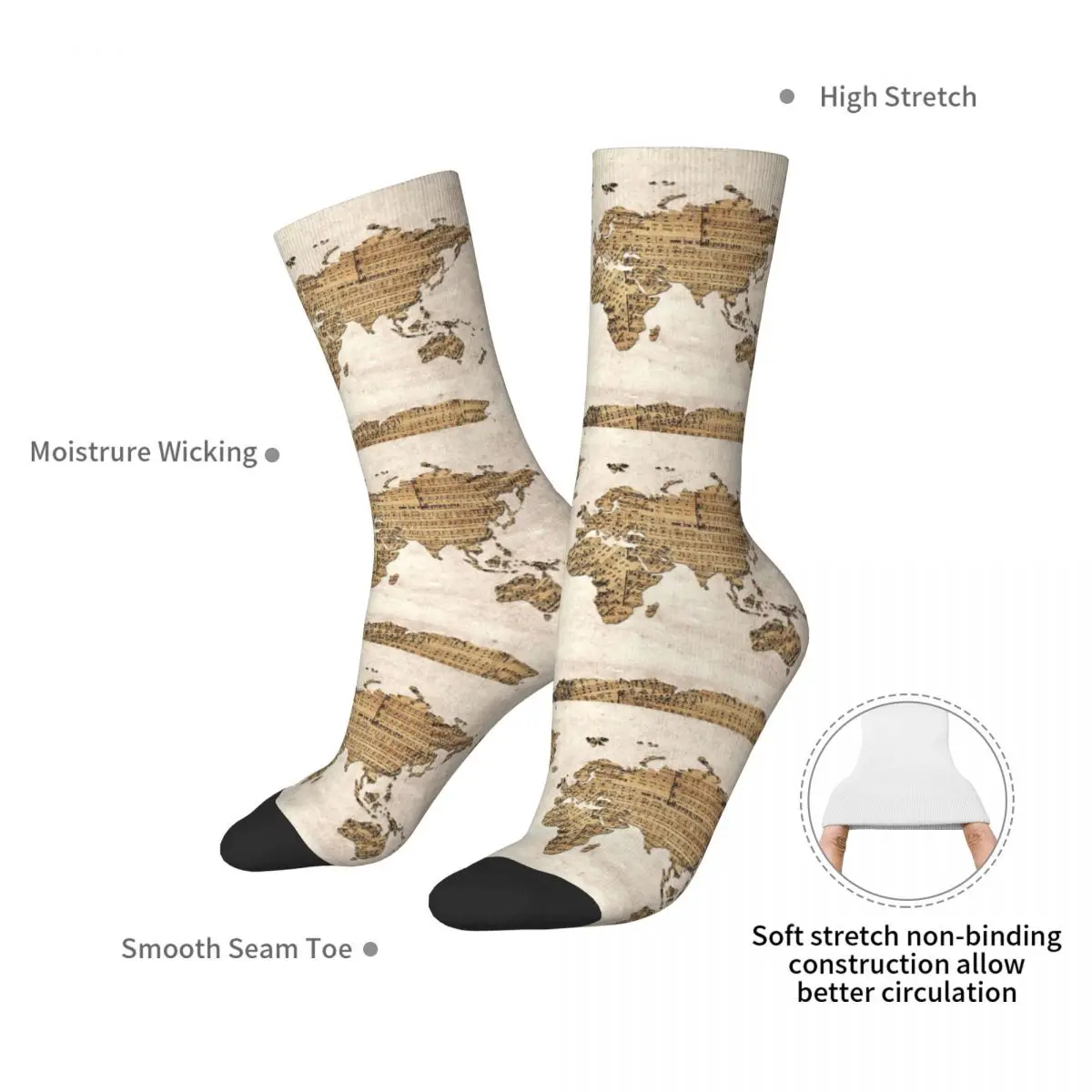 World Map Music Notes Socks Harajuku Sweat Absorbing Stockings All Season Long Socks Accessories for Man Woman's Christmas Gifts