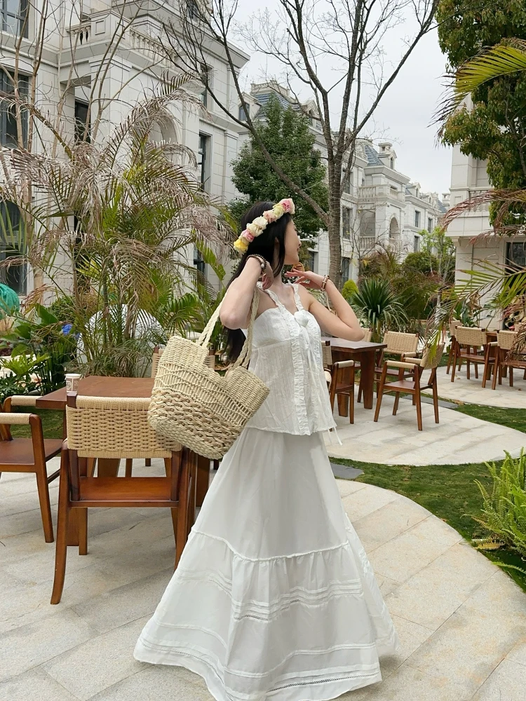 

Изысканный комплект: топ с кружевной отделкой и 3D-цветами на бретелях, многослойная юбка с поясом, повседневная длинная юбка-торт с высокой талией