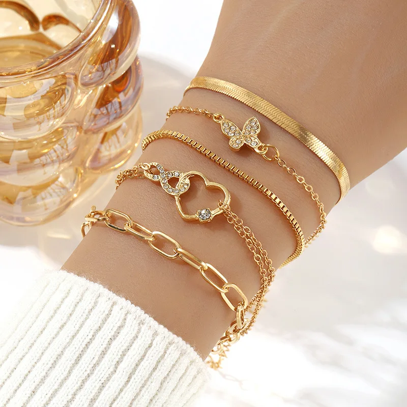 5 Stücke Vintage Metall Flache Schlangenkette Box Kette Armband Exquisite Strass Schmetterling Herz Armband Set Damen Charm Schmuck
