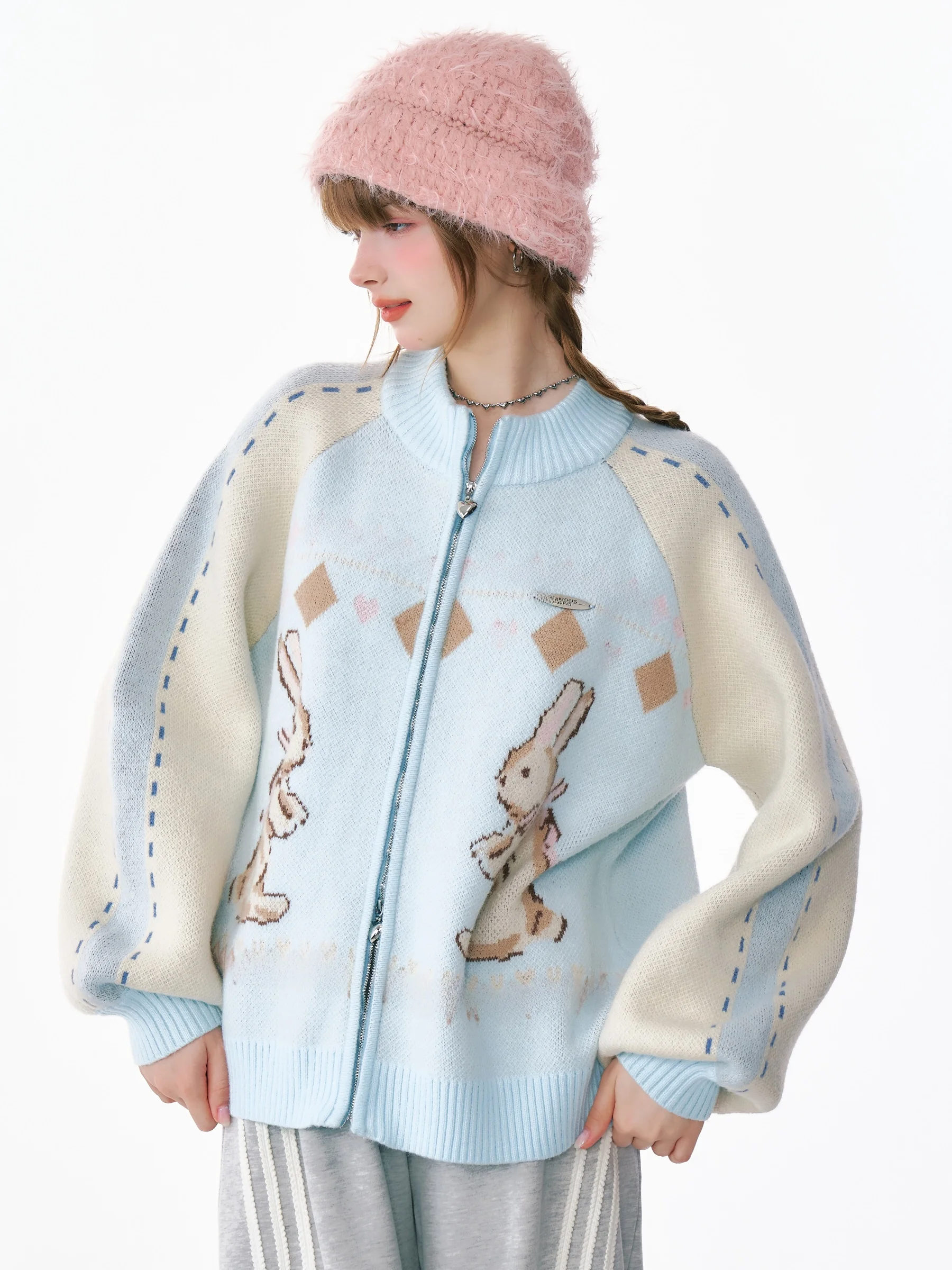 

ZiziFei Autumn Winter New Sle American Retro Design Color Blo Rabbit Sweater Zipper Cardigan Women's Faion Sweet Sle