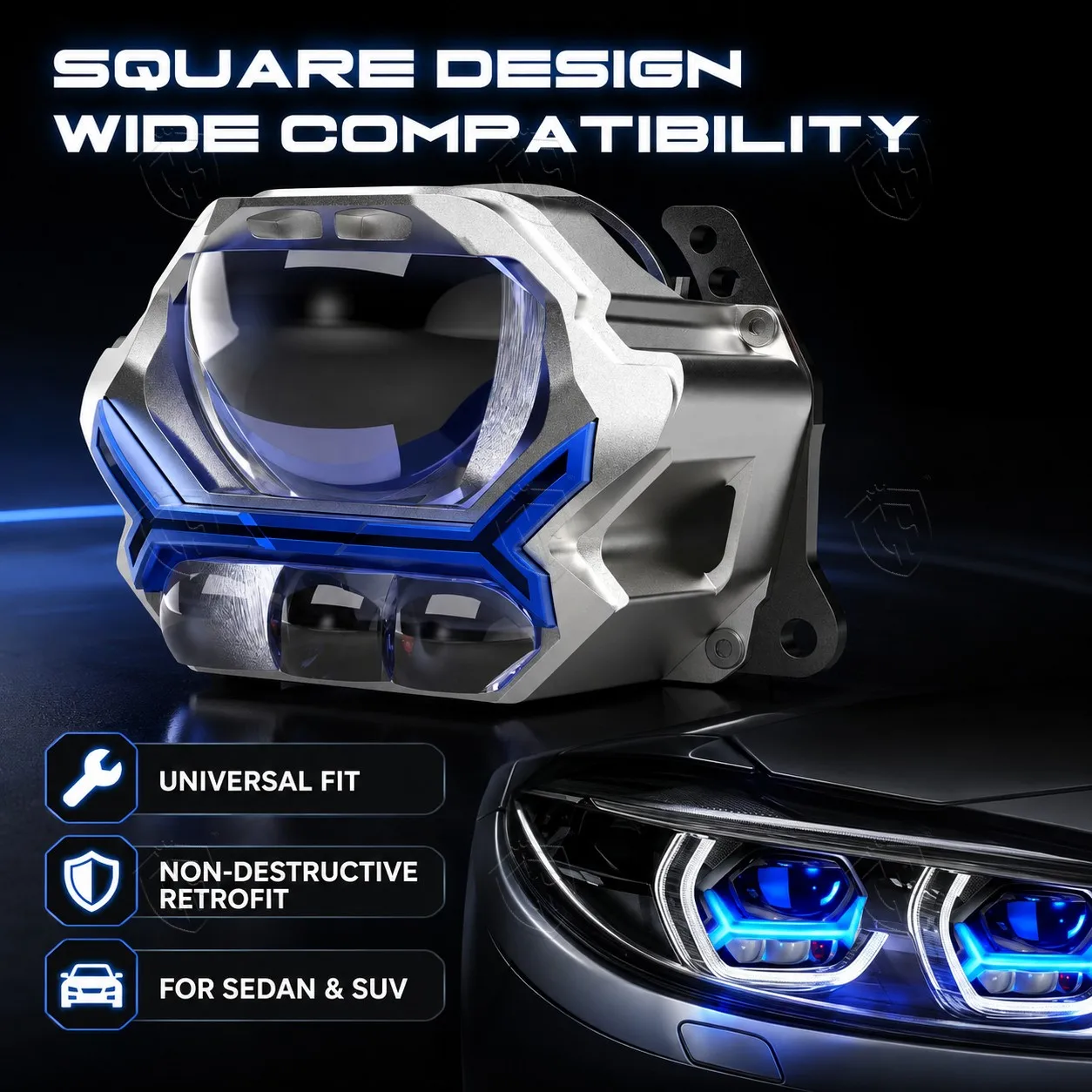 F7 Universal Style Bi LED Headlight Projector 100W Triple Beam Dual Cooling Fans Retrofit Lens for Car Lighting Enthusiasts