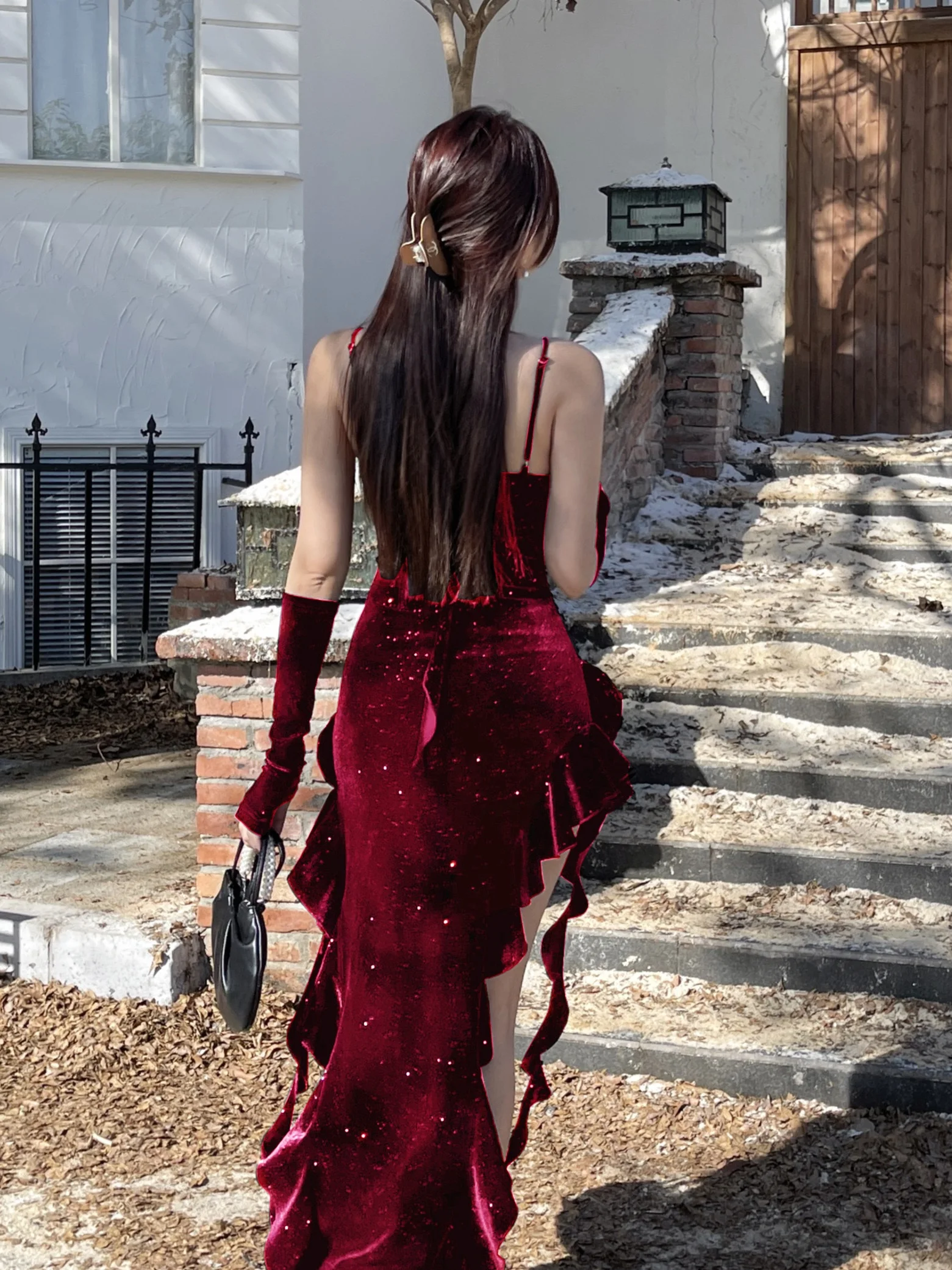 مثير الأحمر المخملية الدكتور المرأة سبليت تنورة طويلة زي الهالوين حزام الدكتور عالية الخصر ألف خط صورة ظلية Svel Bodycon