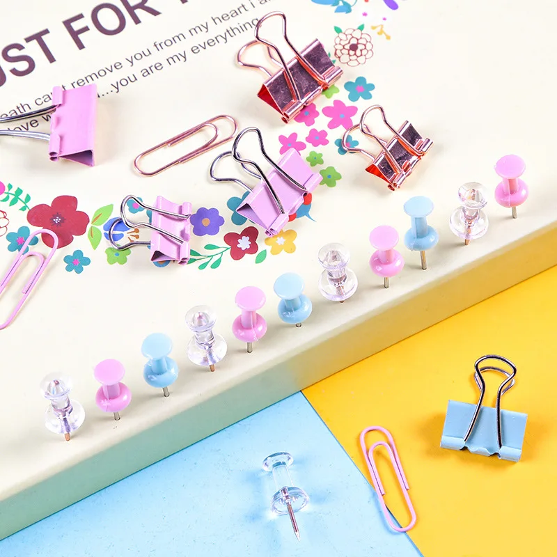 72Pcs Color Binder Clips Paper Clips Push Pin Set Rose Gold Push Pins Cute Stationery for Office Accessories School Supplies