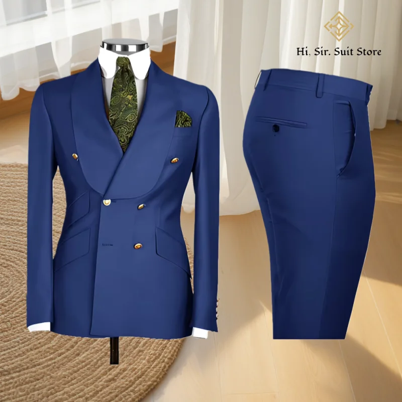 Горячие синие мужские костюмы Шикарный двубортный пиджак с пиковыми лацканами Элегантный деловой комплект Мужской 2-х предметный пиджак Брюки Свадебные смокинги для жениха