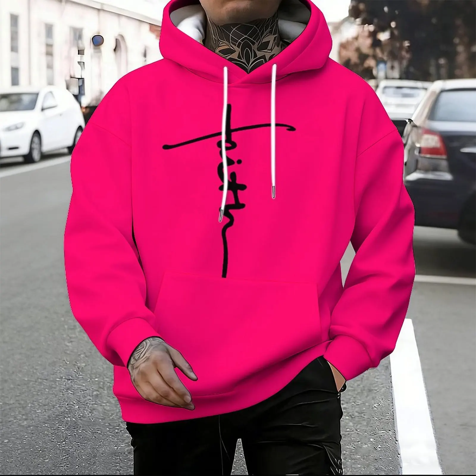 Men Print Pullover Hoodie Red Black Gray Color Block Drawstring Hooded Sweatshirt Loose Streetwear Tops