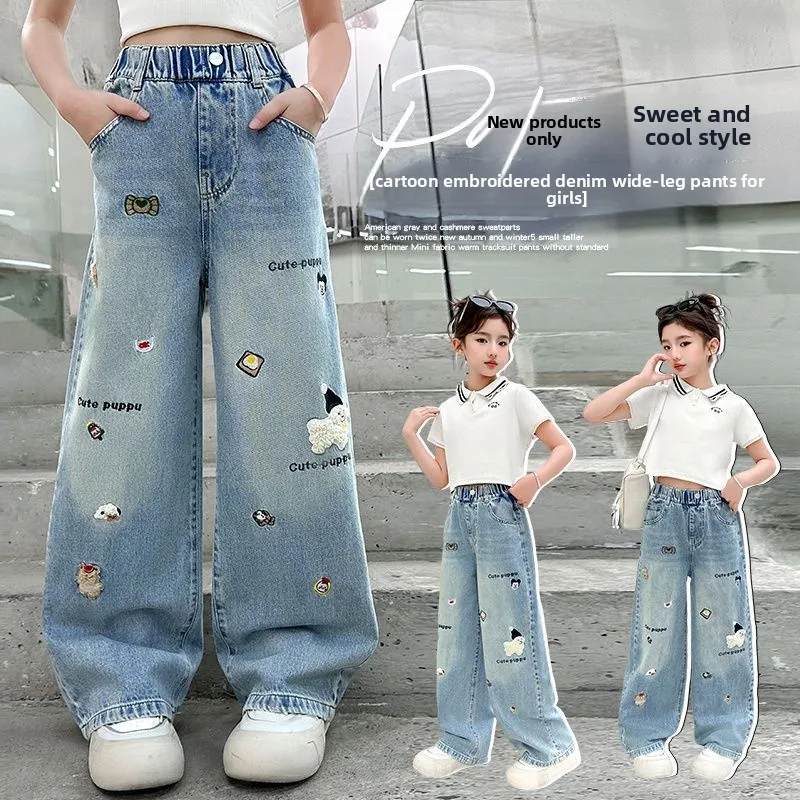 

Spring and Autumn Girls Embroidered Jeans 2026 Children's New Medium and Older Children's Straight Pants Pants