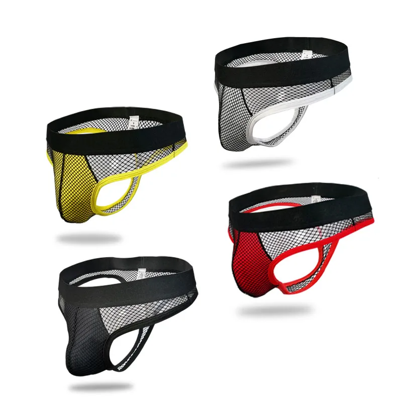 4PCS Men Sexy Transparent Penis Pouch Underwear Fishnet Lingerie T-back Thongs G-strings Gay Jockstrap Sissy Tangas Mens Thongs