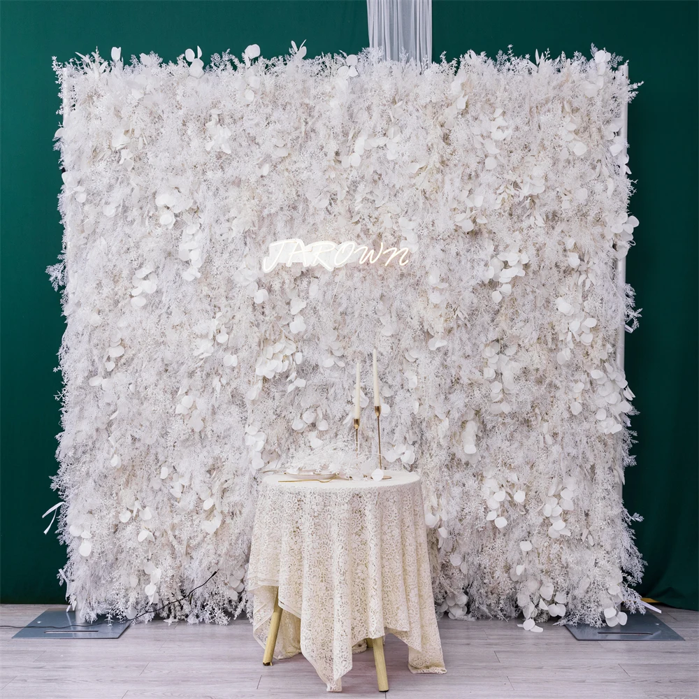 8ft New Wedding Backdrop Decoration 5D Cloth Artificial White Rime Grass Leaves Flower Wall for Event Party Decor Window Display