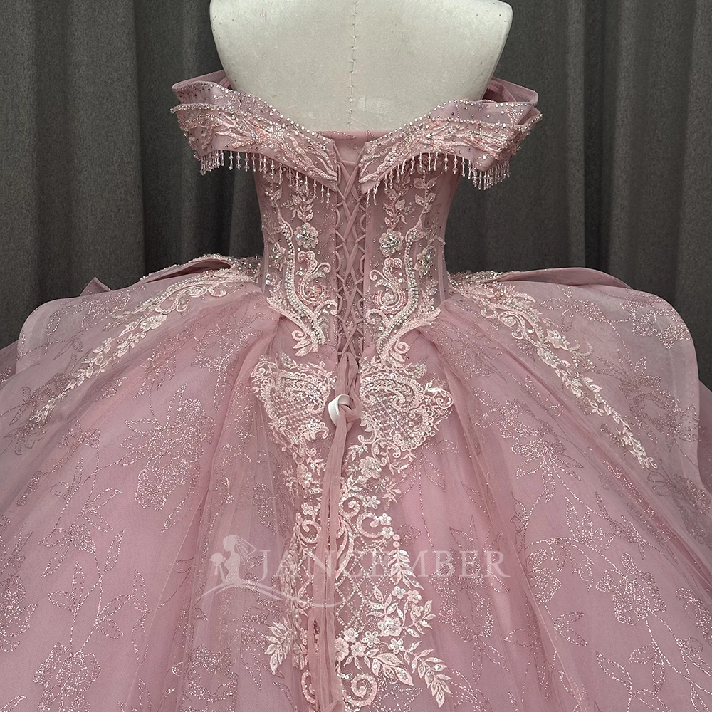 Robe De bal personnalisée rose Quinceanera robes dentelle gland épaules dénudées à lacets dos perlé doux 16 anniversaire robes De 15 ans