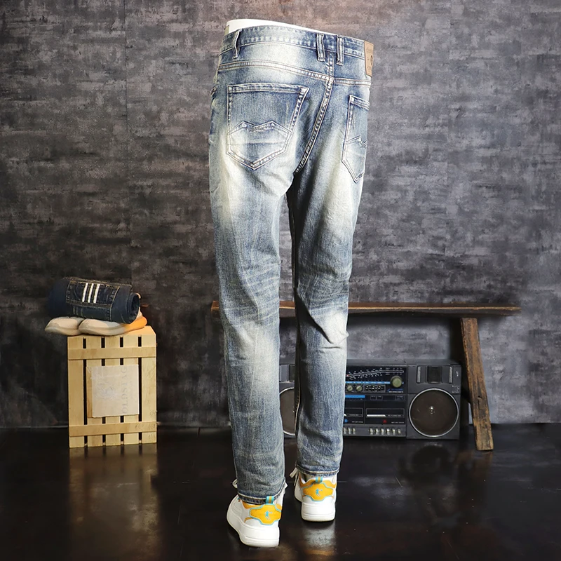 Newly Designer Fashion Men Jeans Retro Blue High Quality Elastic Slim Fit Ripped Jeans Men Vintage Casual Denim Pants Hombre
