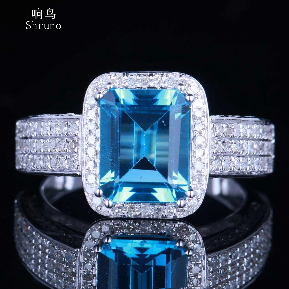 

Shruno Emerald Cut 9x7mm Swiss Blue Topaz Real 14K 10k White Gold Ring Natural Diamonds Engagement Ring Women Men Trendy Jewelry