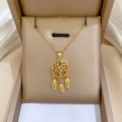 Fashion Colorful Zircon Tree of Life Dream Catcher Pendant Necklace for Women Girls Stainless Steel Chain Vintage Jewelry Gifts