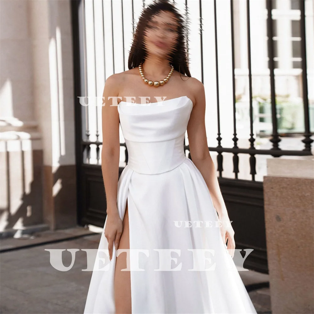 UETEEY personalizado Simple sin tirantes sin mangas con abertura lateral alta crepé vestido de novia una línea cremallera espalda corte tren vestido de novia