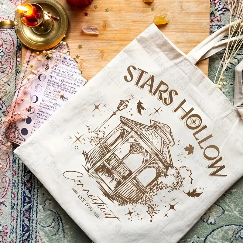 Stars Hollow Pattern Canvas Shopping Bag Portable Shoulder Bag for TV Drama Lover Trendy Large Capacity Tote Bag Trend