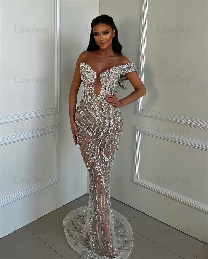 Illusion Off The Shoulder Silver Prom Dress 2024 Mermaid Wedding Party Dress Beaded Crystals Luxurious Evening Gowns For Women
