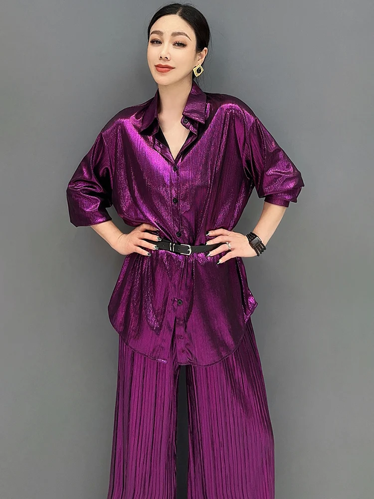 SHENGPALAE 2024 Summer New Women\'s Two Piece Set Bright Face Pleated Long Shirt And Wide Leg Pants Casual Fashion Clothes 5C1056