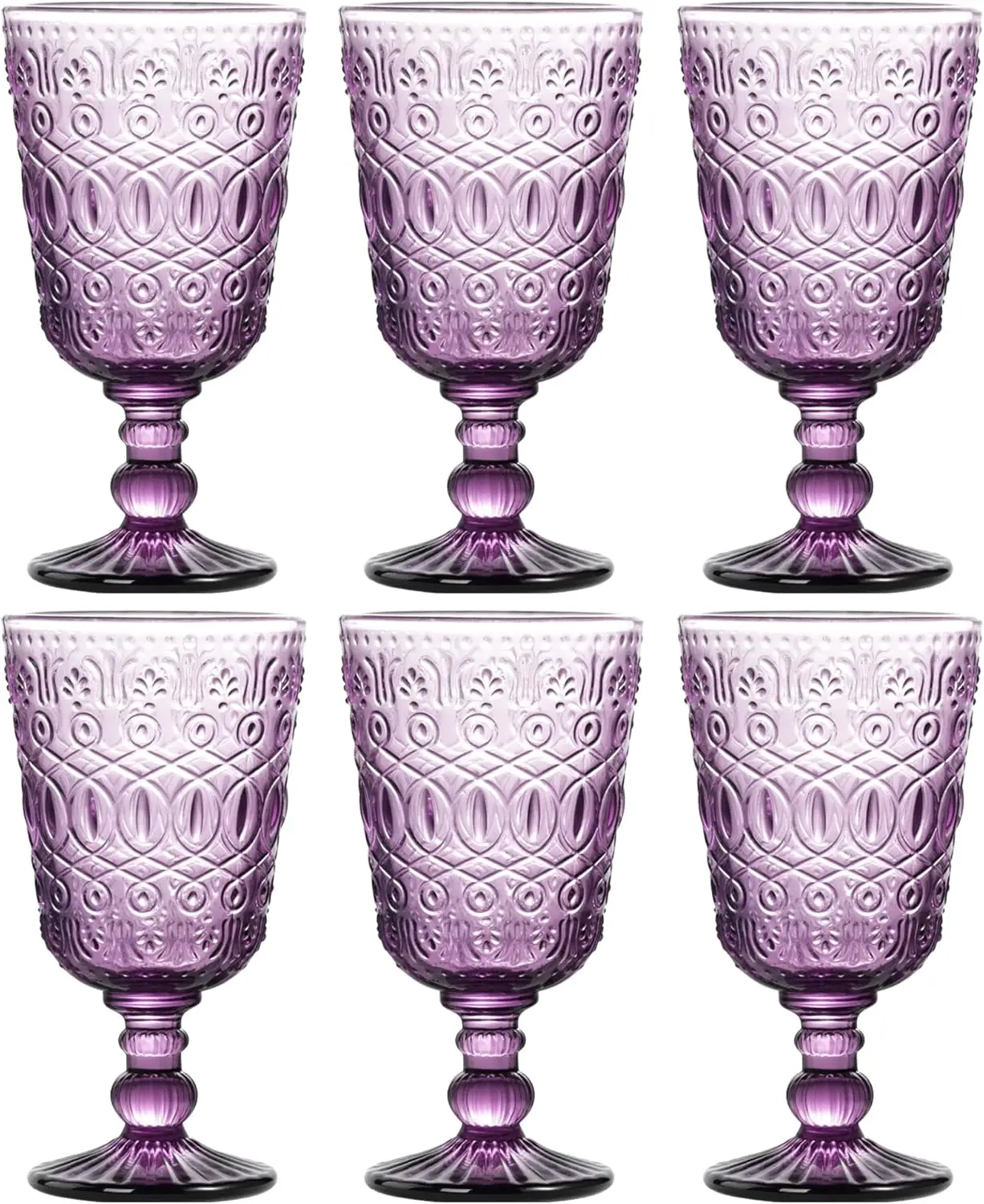 

6 Pack Vintage Embossed Glass Goblets – 10oz Colored Wine Glasses with Relief Pattern, Thick Glassware for Red Wine, Wa