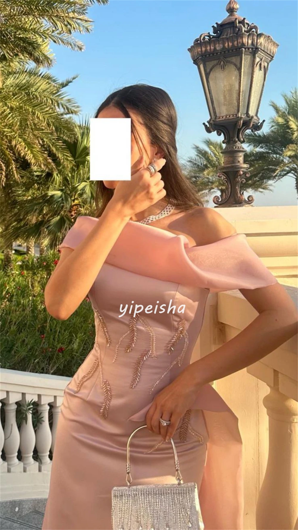 Customized Retro Chinese Style Satin Beading Pleat Ruched Straight One-shoulder Long Dresses Celebrity Dresses Sizes Available M