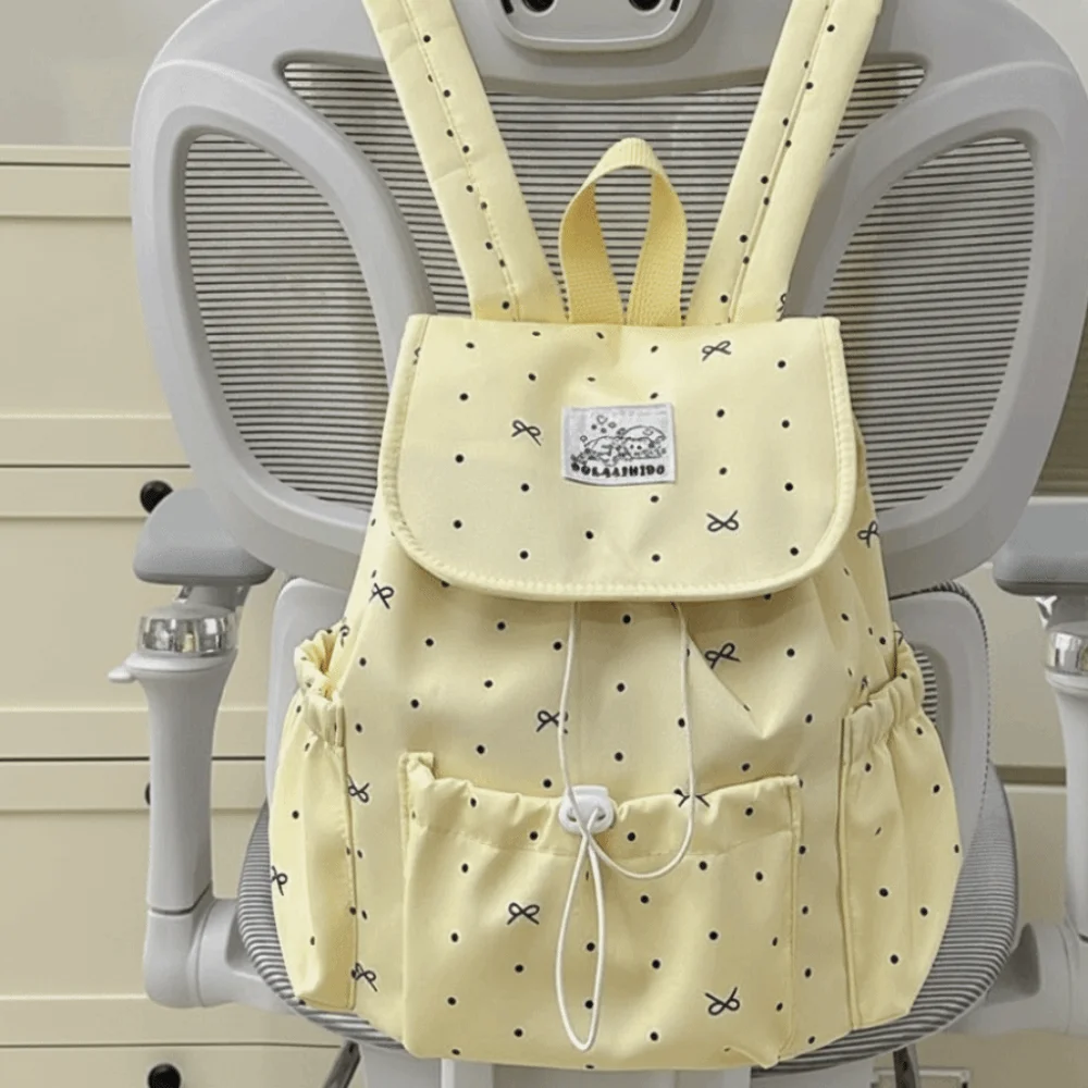 Sweet Drawstring Polka Dot Backpack Large Capacity Bowknot Double Shoulder Bag Nylon Ultra Light Commuting Backpack Travel