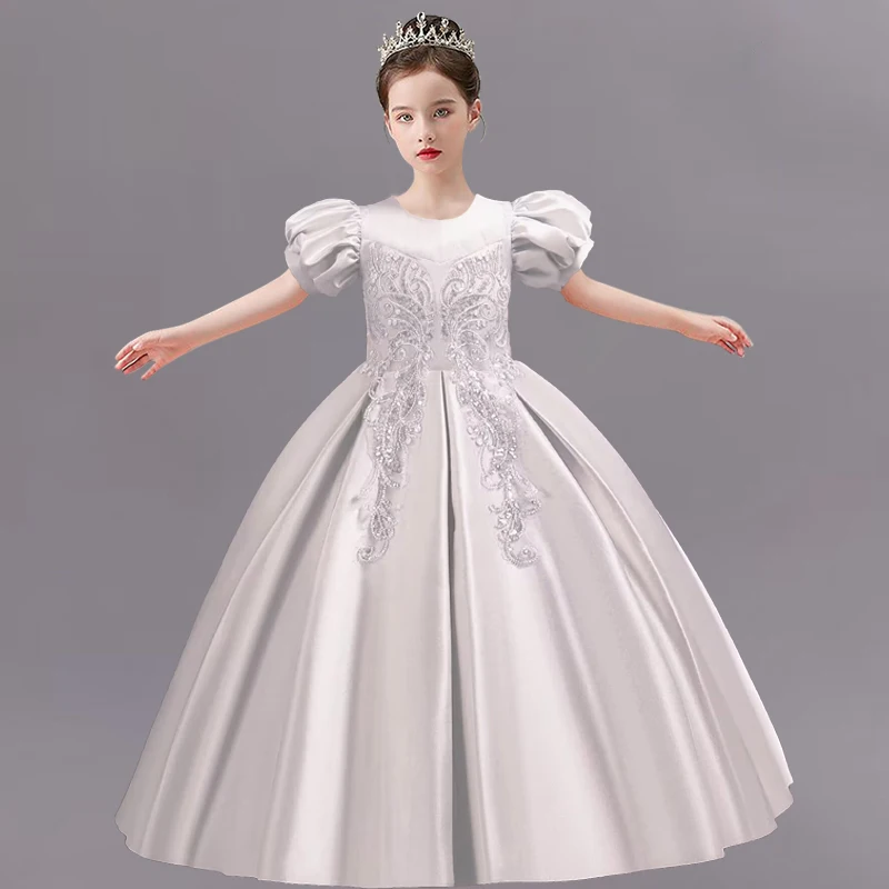 New Girls\' Sequin Bubble Sleeve Princess Dress 4-12 Years Old Bow Long Satin Dress Banquet Host High end Flower Girl Evening Dre