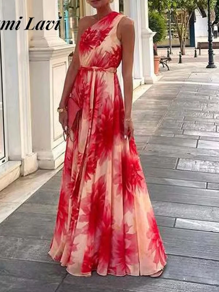 

Elegant Diagonal Fashion Shoulder Beach Dress Pattern Print Sleeveless Long Pleat Dress Women Casual Lace-Up Waist Party Dress