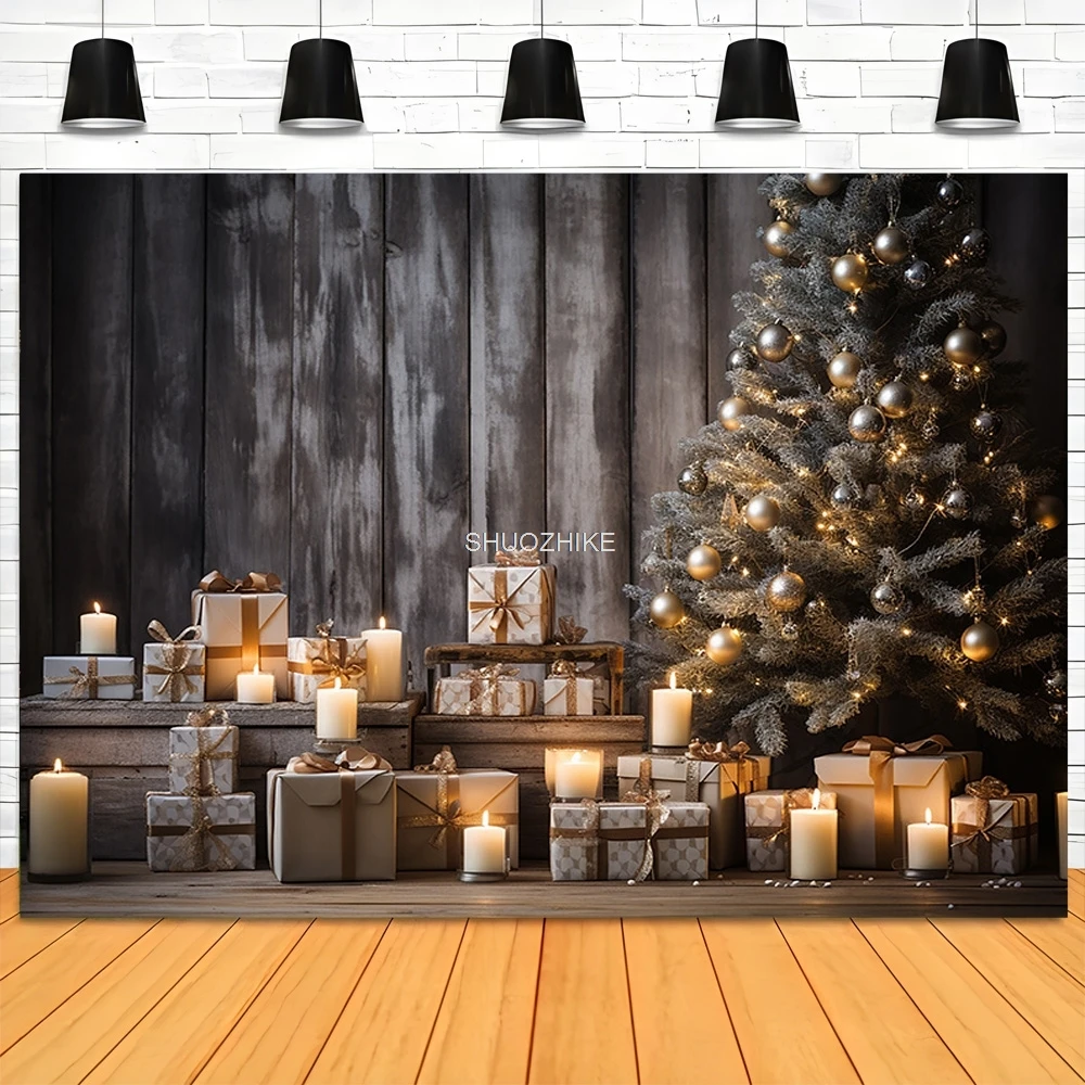 Christmas Tree With Wooden Floor Photography Backdrops Pinecones Snow Fireplace New Year Winter Holiday Party Background DT-24