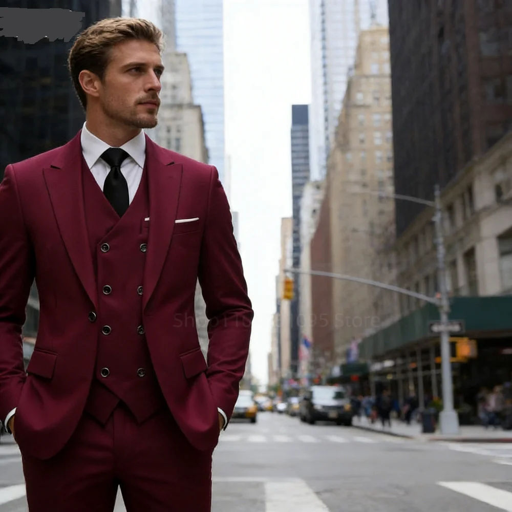 

Elegant 3 Piece Burgundy Men's Suits Full Set Single Breasted Peaked Lapel Blazer Formal Prom Business Suit with Vest And Pants