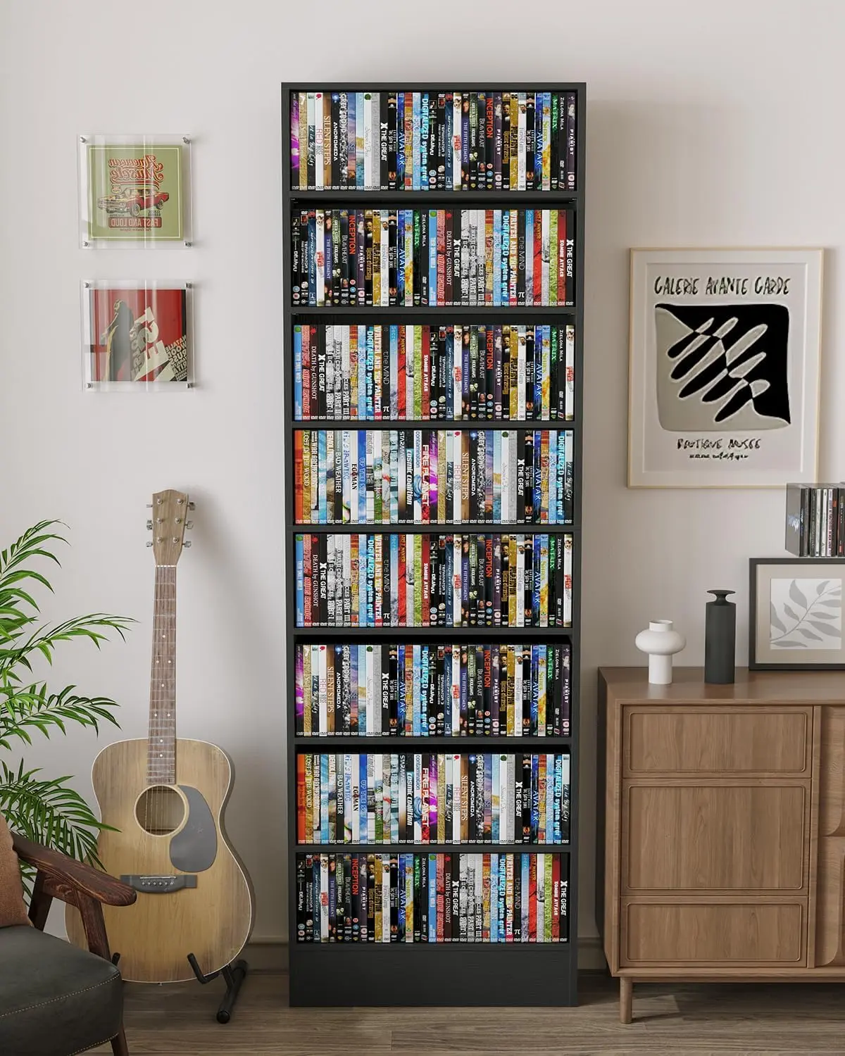 8 Tier DVD Storage Shelf with Adjustable Shelves fits Over Baseboard | Bottom cutout fits baseboard & wall, Adjust shelves to fi