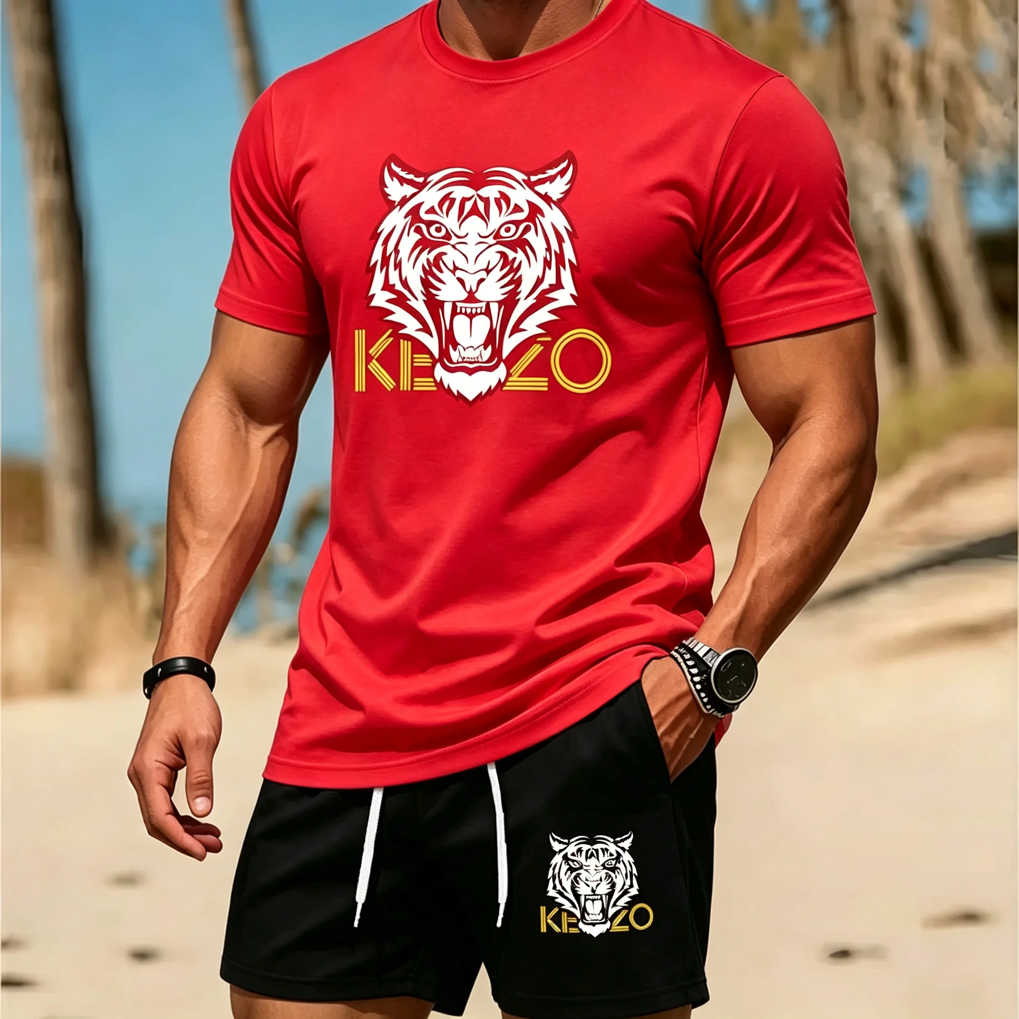 Men Summer Tiger Stripe 2 Piece Tracksuit Breathable Quick Dry Short Sleeve T Shirt Shorts Set Gym Running Sportswear view 5