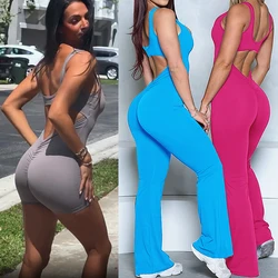 XS-XL New Pad Women Gym Yoga Set Sports Rompers Sexy Back Fitness Workout Pant Flare Leggings One Piece Jumpsuit Active Wear