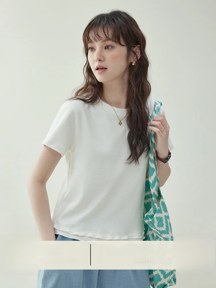 

AMUU оригинальная футболка чистого белого цвета со сращенным подолом ort Sve, женская летняя новая круглая футболка Ne ort, повседневный свободный крой