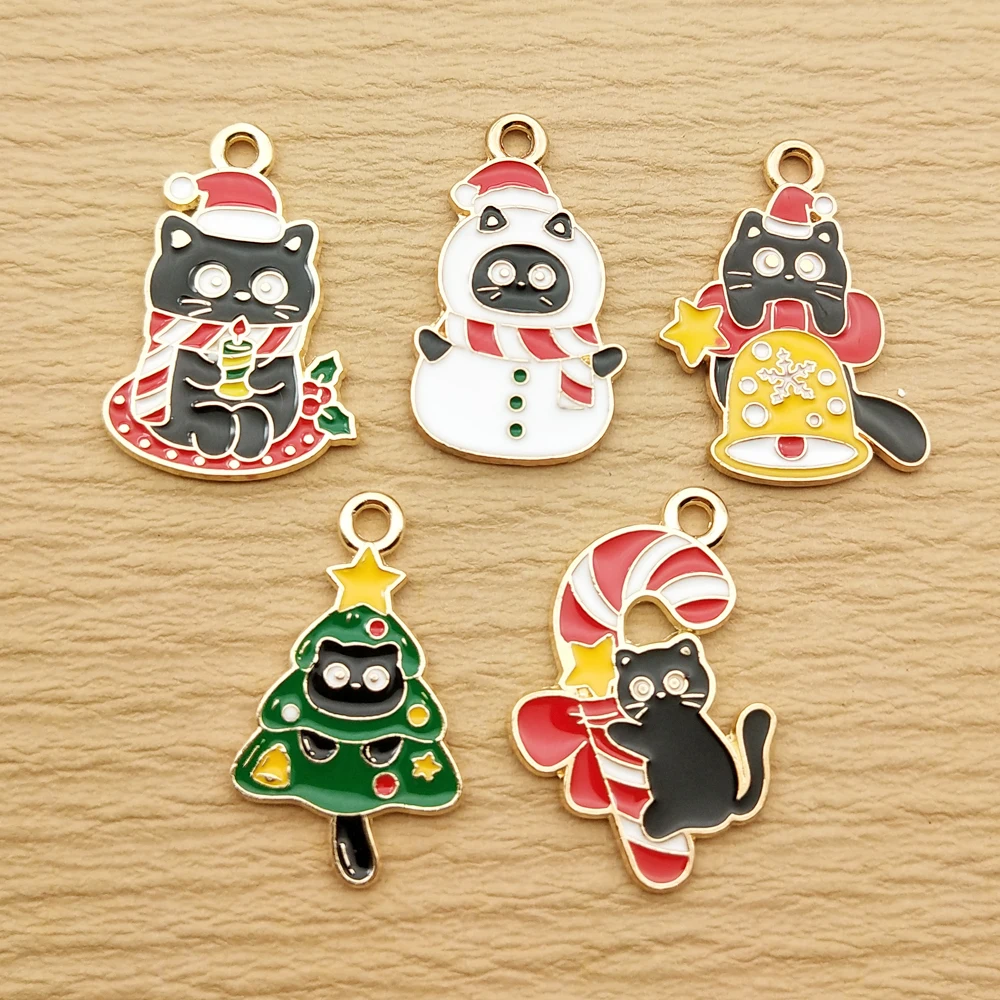 10pcs Cat Christmas Charm Jewelry Accessories Enamel Necklace Earring Pendant Diy Making Supplies Alloy Metal Gold Plated