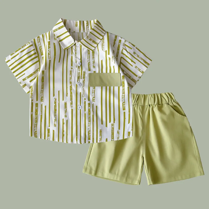 

2Piece 2025 Summer Toddler Boy Outfits Korean Fashion Stripe Cotton Short Sleeve Tops+Shorts Baby Clothing Children's Sets B062