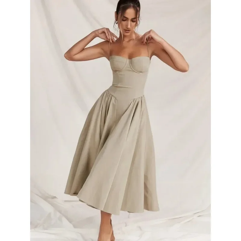 Women Sexy Solid Sling Midi Dress Fashion Sleeveless Backless Pleated Hem Dresses 2024 Summer Female Party Evening A-line Robes