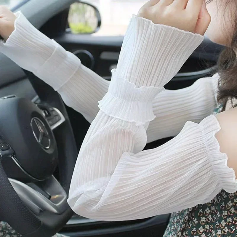 ロング指なし手袋女性日焼け止め夏袖手袋女性薄型レースメッシュアームスリーブ日焼け止め Uv 通気性ミトン