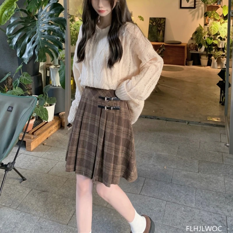 Wełniane Spódnice Nowa Moda 2025 Jesień Zima Podstawy Damskie Urocze Słodkie Dziewczęce Japoński Styl Preppy Retro Vintage Krata Mini Spódniczka