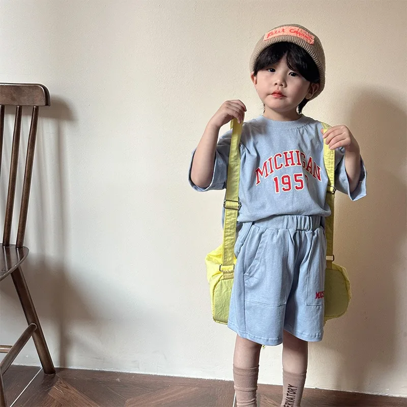 Summer Child Family Sports Sets Boy Girl Blue Apricot Letter Drop Shoulder Short Sleeve Loose T-shirt+Shorts Baby Clothes H83695